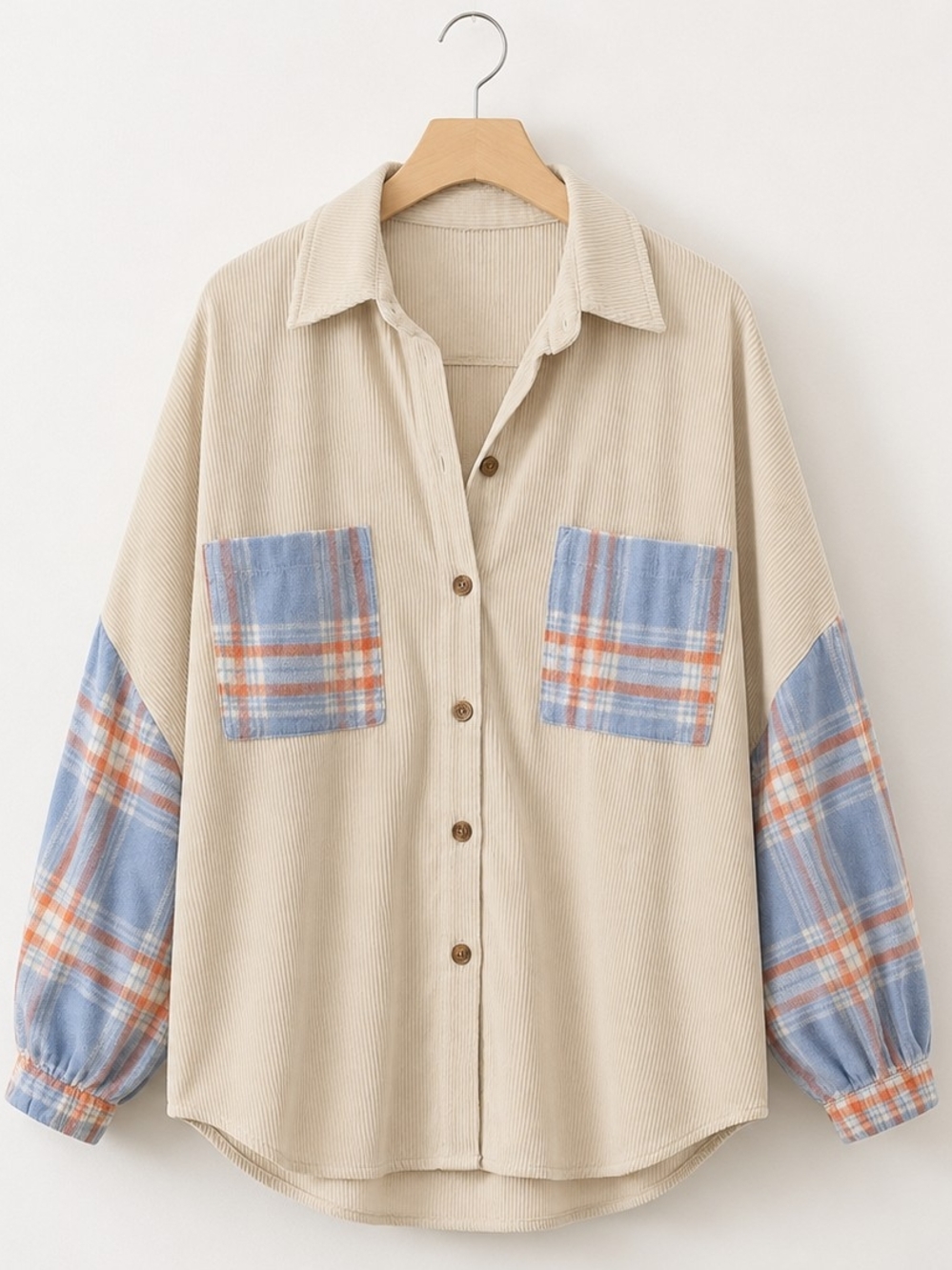 Beige Corduroy Shirt with Blue & Orange Plaid Accents